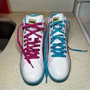 Puma Women's White Sneakers with Pink and Teal Laces